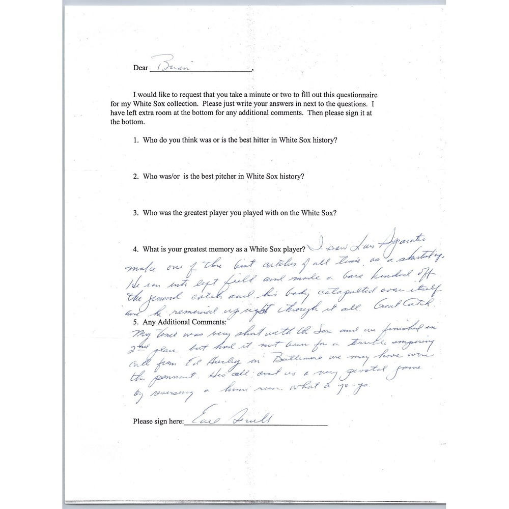 Earl Averill Signed Handwritten White Sox Questionnaire Autograph MLB HOF 8x10